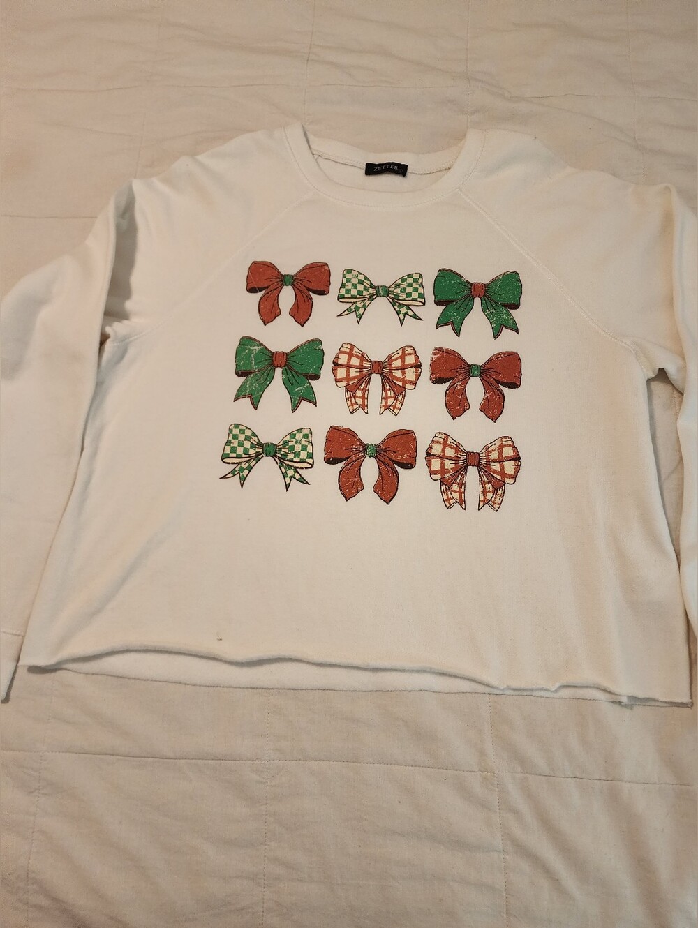 Zutter Women's Sweatshirt with Red & Green Bow Print Sz L New Christmas Holidays